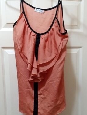 💲1⃣ ▶Peach Ruffle Satiny Material Cami with Black Trim Bust 40